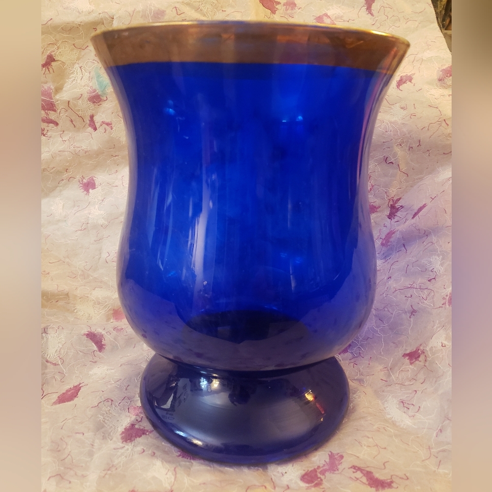 Magnificent 11" Cobalt Blue Glass Hurricane Statement Vase with Gold Rim.